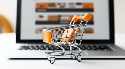 Miniature shopping cart placed on a laptop with an open web page, symbolizing online shopping and e-commerce concepts.