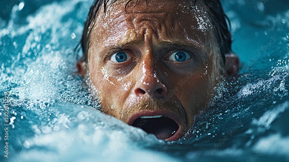 Aufkleber person emerging from icy water with intense facial expression of shock and thrill stock photo with s