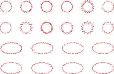 Obraz premium Starburst red sticker set - collection of special offer sale round and oval sunburst labels and buttons isolated on white background. Promo stickers with star edges. Vector