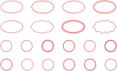 Obraz premium Starburst red sticker set - collection of special offer sale round and oval sunburst labels and buttons isolated on white background. Promo stickers with star edges. Vector