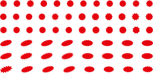 Starburst red sticker set - collection of special offer sale round and oval sunburst labels and buttons isolated on white background. Promo stickers with star edges. Vector