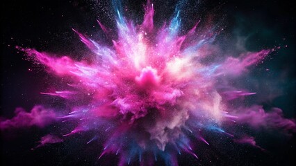 A vibrant explosion of pink and purple powder in mid-air, creating a dynamic and colorful abstract burst against a dark background.
