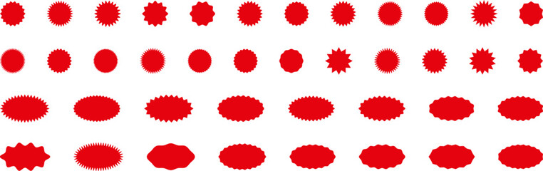 Starburst red sticker set - collection of special offer sale round and oval sunburst labels and buttons isolated on white background. Promo stickers with star edges. Vector