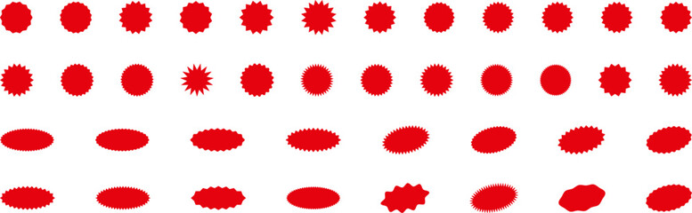 Starburst red sticker set - collection of special offer sale round and oval sunburst labels and buttons isolated on white background. Promo stickers with star edges. Vector