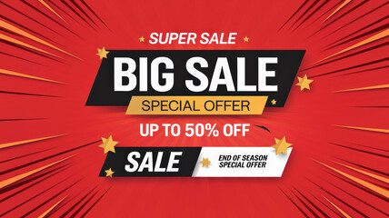 Promotional sale banner with vibrant colors and discount details.