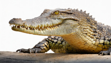 A close-up view of a crocodile resting on a log in a serene habitat during daylight hours, showcasing its unique features and textures