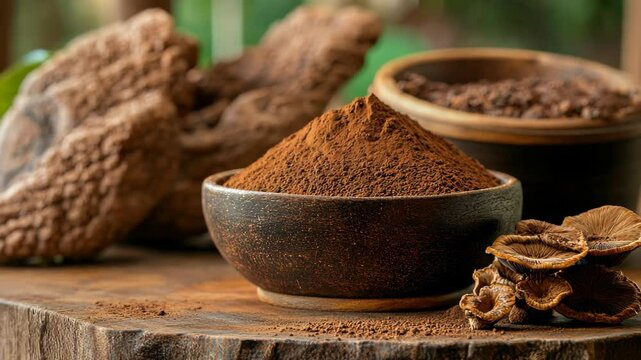 A bowl of chaga mushroom powder sits on a wooden surface next to dried chaga mushrooms