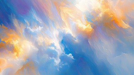 A vibrant abstract depiction of clouds in soft hues of blue, orange, and white.
