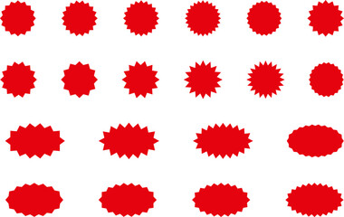 Starburst red sticker set - collection of special offer sale round and oval sunburst labels and buttons isolated on white background. Promo stickers with star edges. Vector