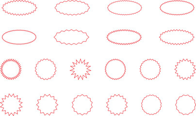 Obraz premium Starburst red sticker set - collection of special offer sale round and oval sunburst labels and buttons isolated on white background. Promo stickers with star edges. Vector