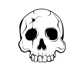 Black and white illustration of a cracked skull with empty eye sockets and visible teeth. Street art, Brutalism flash tattoo, black and white illustration, isolated vector graphic
