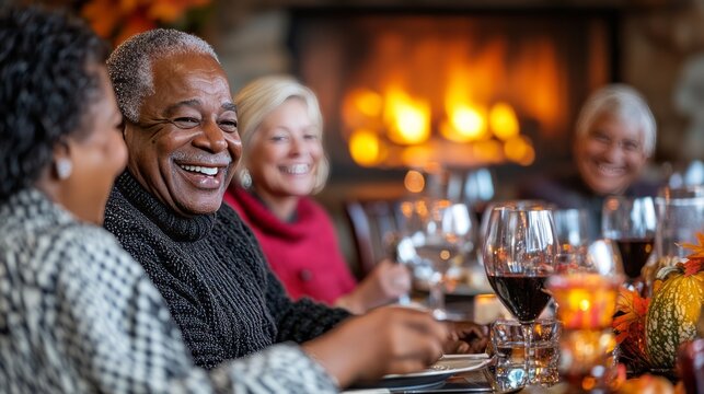 Senior african american man laughs and enjoys a thanksgiving meal with family, gathered around a table in front of a fireplace