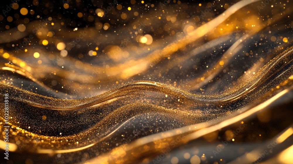 Aufkleber 3D golden wave flow lines and shimmering glitter on a dark backdrop Elegant wavy golden patterns radiate with sprays and sparkles creating a contemporary decorative liquid design