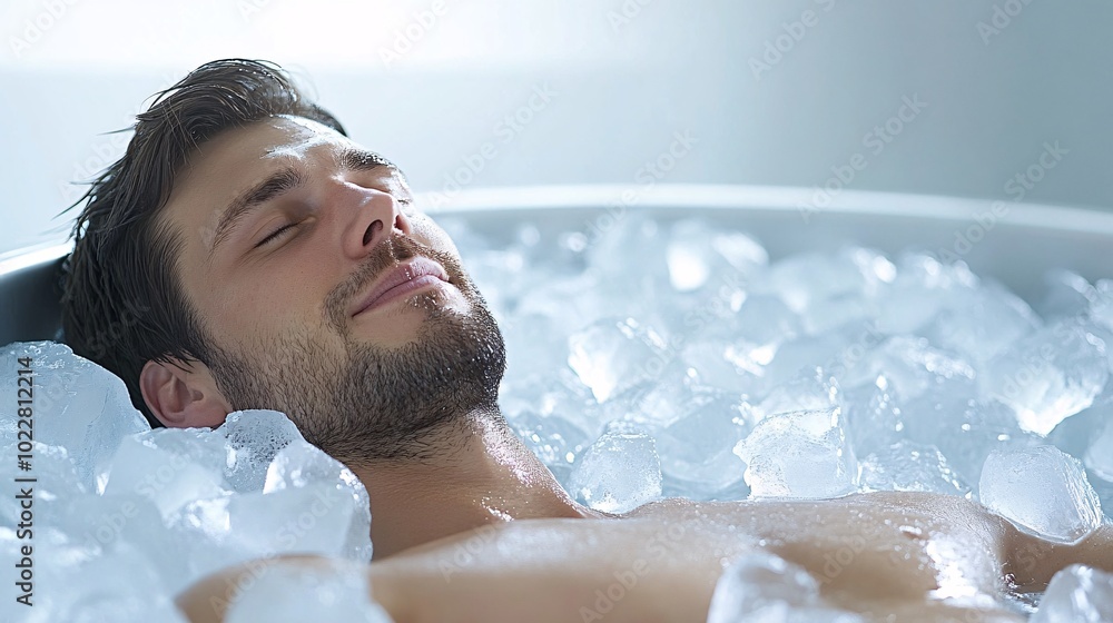 Aufkleber person exhaling sharply with visible frosty breath while seated in a tub filled with ice stock photo