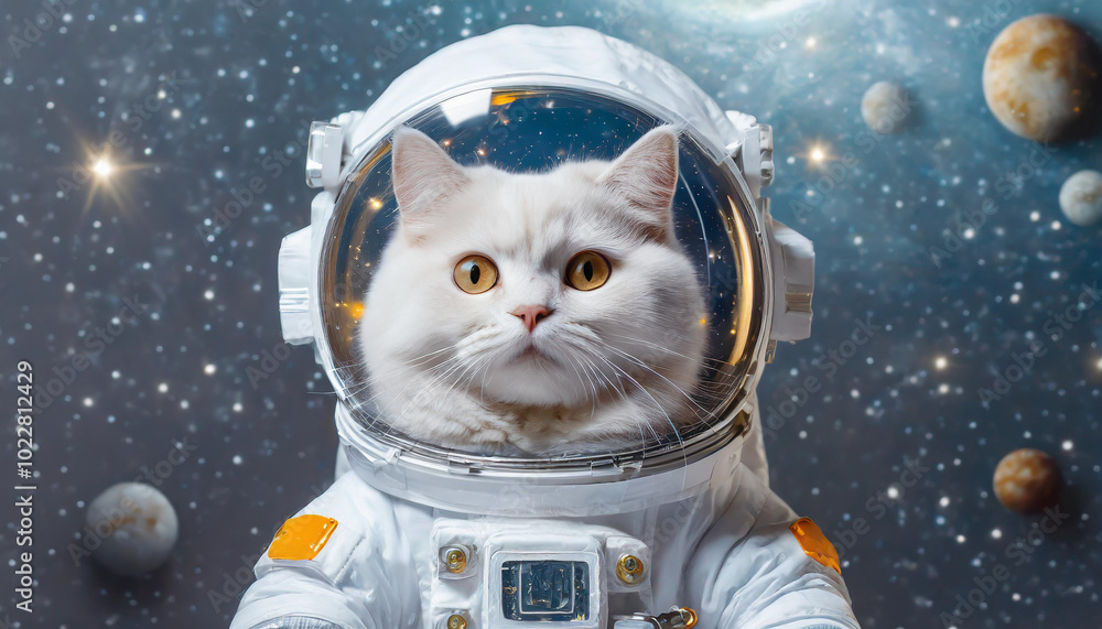 Poster A white cat dressed as an astronaut exploring space with planets in the background