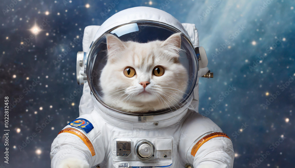 Poster a fluffy cat in an astronaut suit floating in space against a starry background
