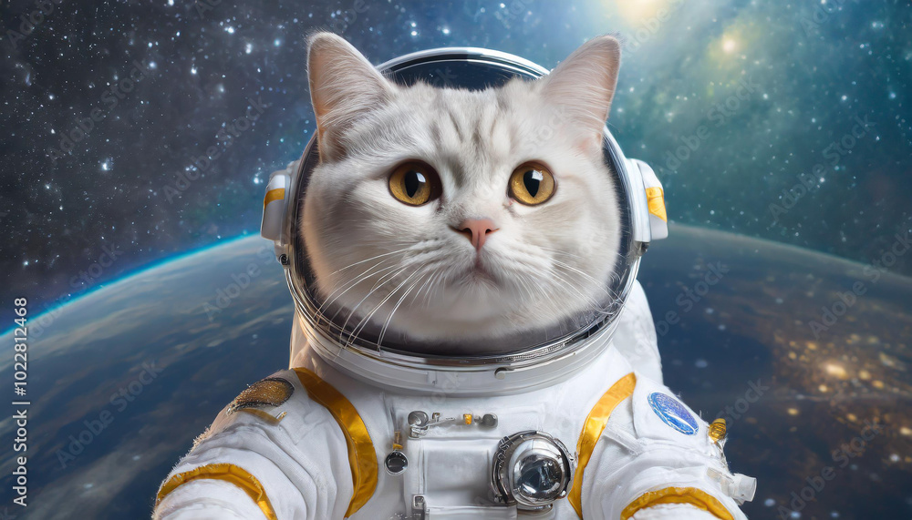 Aufkleber a cat in an astronaut suit exploring space with earth visible in the background during a colorful co