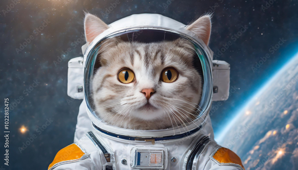 Aufkleber curious cat astronaut exploring outer space with earth visible in the background during a vibrant co