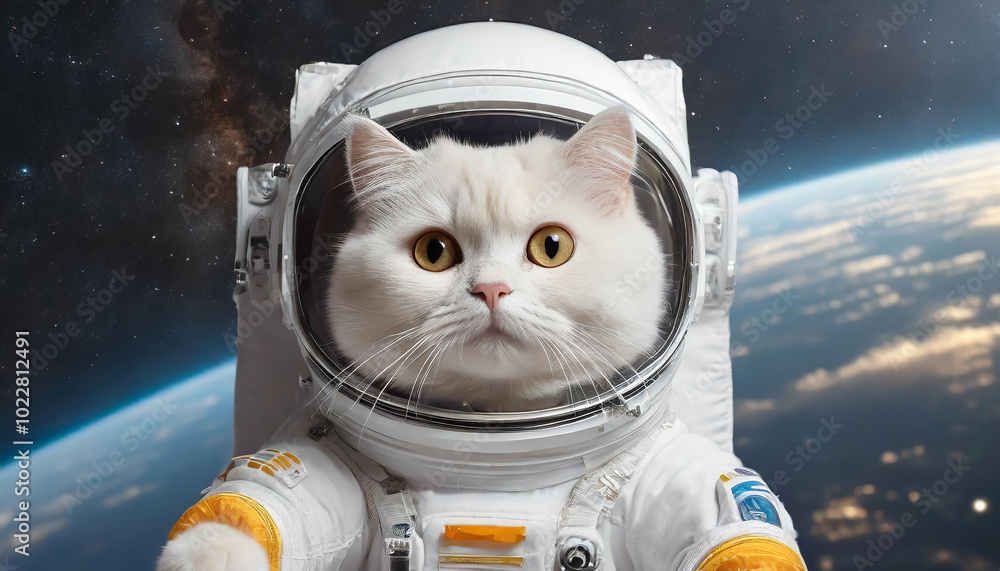 Poster a fluffy white cat dressed in an astronaut suit floats in space with earth visible in the background