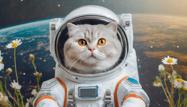 A fluffy cat in an astronaut suit explores space while surrounded by daisies and the Earth in the background - Powered by Adobe