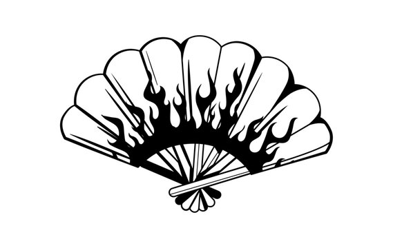Black and white illustration of a fan with flame patterns, blending traditional design with modern boldness. Street art, Brutalism flash tattoo, black and white illustration, isolated vector graphic