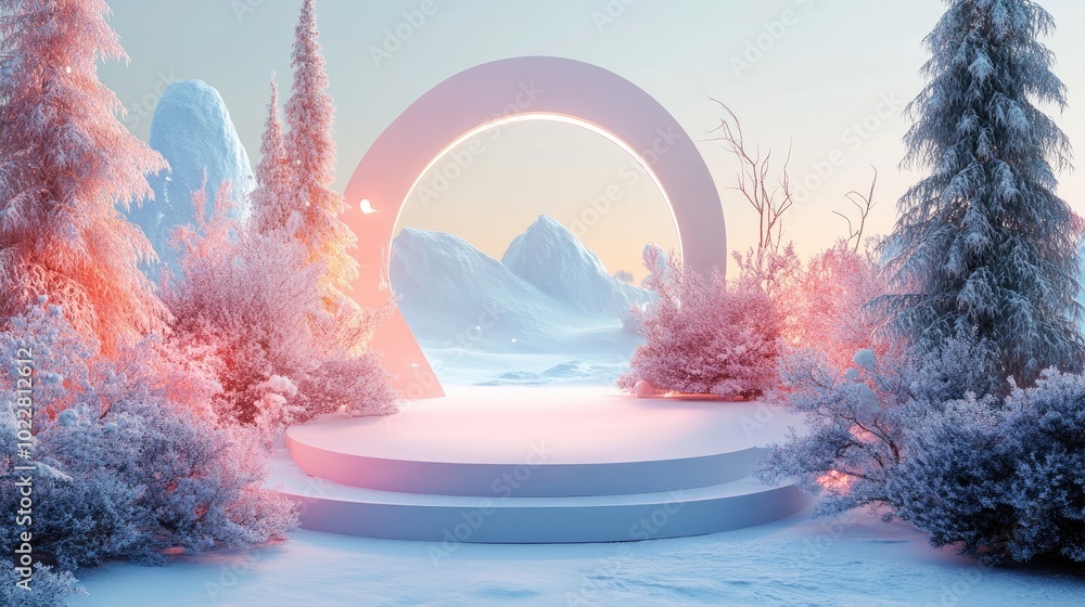 Aufkleber Abstract winter landscape featuring geometric shapes an arch with a podium illuminated by natural light Minimalistic and surreal background 3D rendering