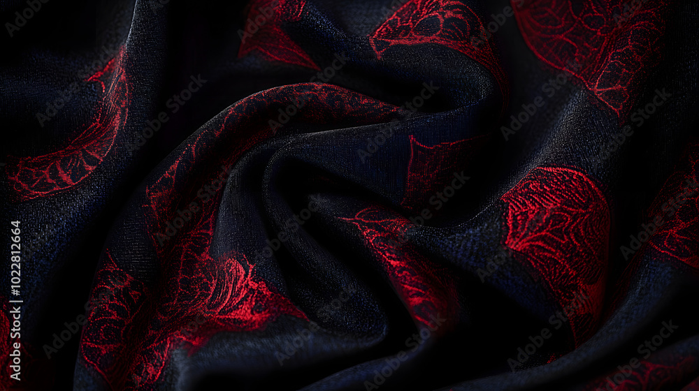 Poster a black and red fabric with a dark pattern at its top