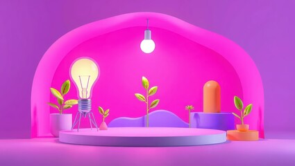 Bright Ideas A 3D Rendering of Light Bulbs and Plants on a Pink Stage