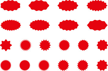 Starburst red sticker set - collection of special offer sale round and oval sunburst labels and buttons isolated on white background. Promo stickers with star edges. Vector