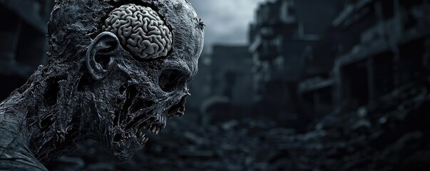 A haunting depiction of a zombie with exposed brain, set in a desolate, post-apocalyptic landscape, evoking fear and intrigue.