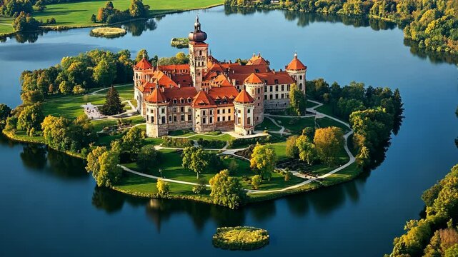 An aerial view of Červen&yacute; Kameň Castle, located in Slovakia, on a sunny day