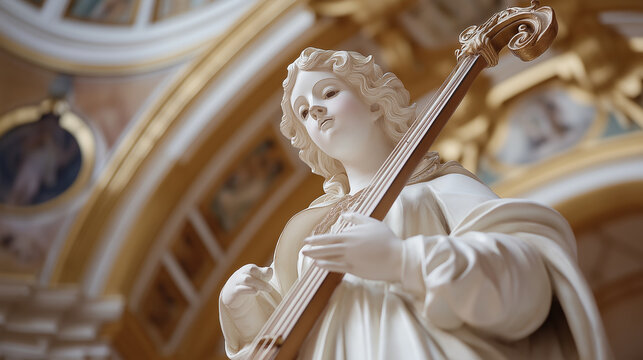 A detailed statue of a serene angel playing an instrument inside an ornate church. Celebrates Saint Cecilia,  in Mexico, honoring 