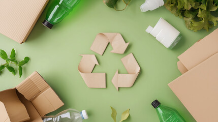 The image shows a recycling symbol surrounded by various recyclable materials like cardboard and plastic. International Recycling Day.