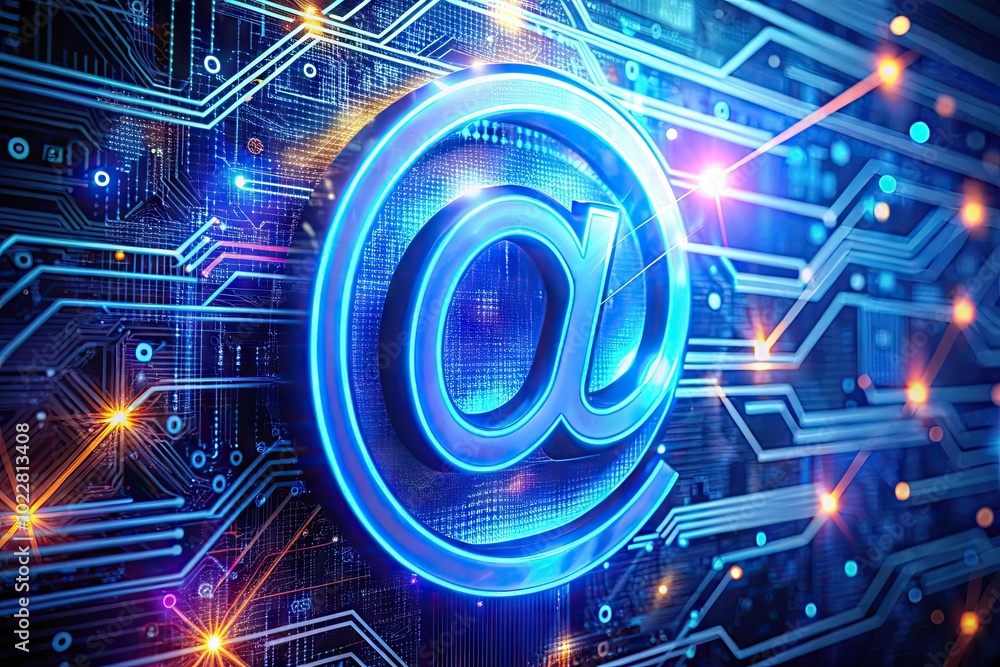 Poster symbol of at sign on digital interface representing communication and connectivity in technology