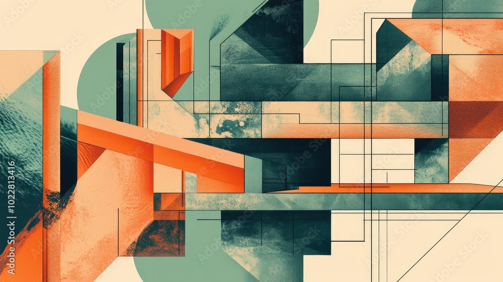 Poster Abstract Geometric 3D Architecture Header With Linear Design Elements Architectural Wireframe And Blueprint Drawing And Sketch With Retro Aged Look In Orange And Green Colors