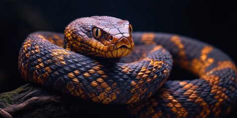 Fototapeta premium A striking snake with vibrant orange and black scales lies curled on a dark background. This image captures the beauty and mystery of wildlife. 