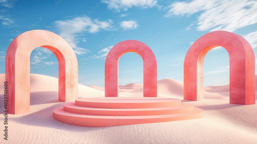 Poster 3D render of an abstract surreal pastel landscape featuring arches and a podium for product display panoramic perspective vibrant dune scene with ample copy space blue sky with clouds minimalist d