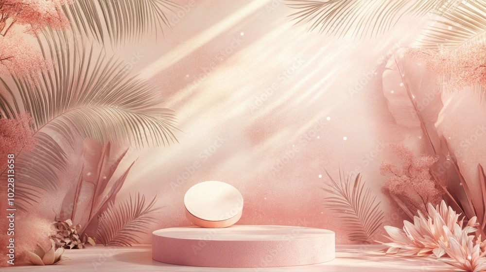 Poster 3D render of a podium display in boho style featuring an advertising stand with abstract shapes and palm leaves Soft pastel background for showcasing cosmetics and products