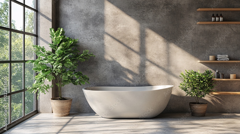 Poster modern bathroom with a small ice tub and warm lighting creating a serene environment stock photo wit