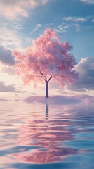 Pink trees reflected in calm water, a tranquil anime backdrop.
