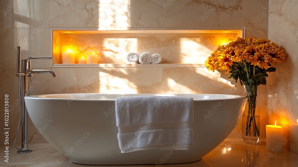 Poster modern bathroom with a small ice tub and warm lighting creating a serene environment stock photo wit