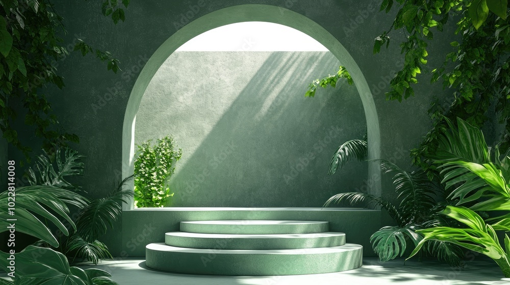 Aufkleber 3D render of an abstract minimal green background featuring an empty stage with steps and a cylindrical podium showcasing contrast shadows from leaves with bright sunlight filtering through a circ