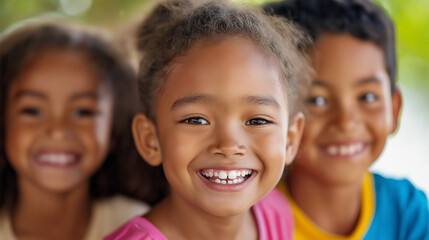 Fototapeta premium A joyful child smiles brightly, with two friends blurred in the background, radiating happiness. Represents the essence of childhood, joy, and friendship in a natural, international children's day