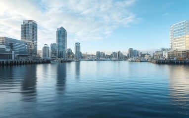 Obraz premium A city skyline with calm water and a clear sky in the background.