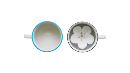  A side view of two empty white coffee cups isolated on white background.