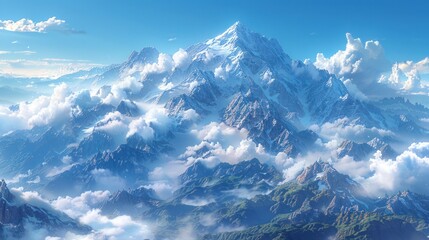 Obraz premium photorealism of A stunning mountainous landscape with strangely shaped clouds. The towering peaks that penetrate the sea of mist create a peaceful and stunning natural scenery.