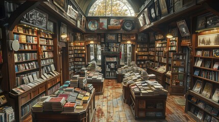 photorealism of A warm, retro bookstore with floor-to-ceiling wooden shelves, vintage posters and warm lighting shining down on album covers.