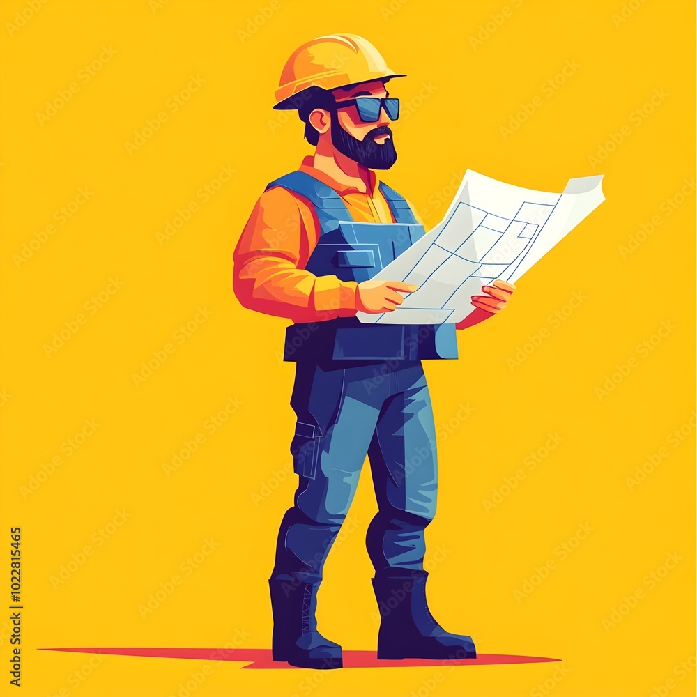 Aufkleber flat style character holding a blueprint symbolizing the start of a project in a three color palette