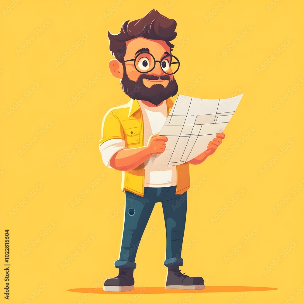 Poster flat style character holding a blueprint symbolizing the start of a project using a three color