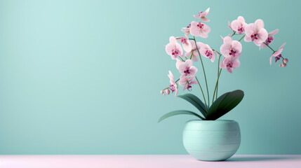 Pink Orchid in a Turquoise Pot on a Pastel Background